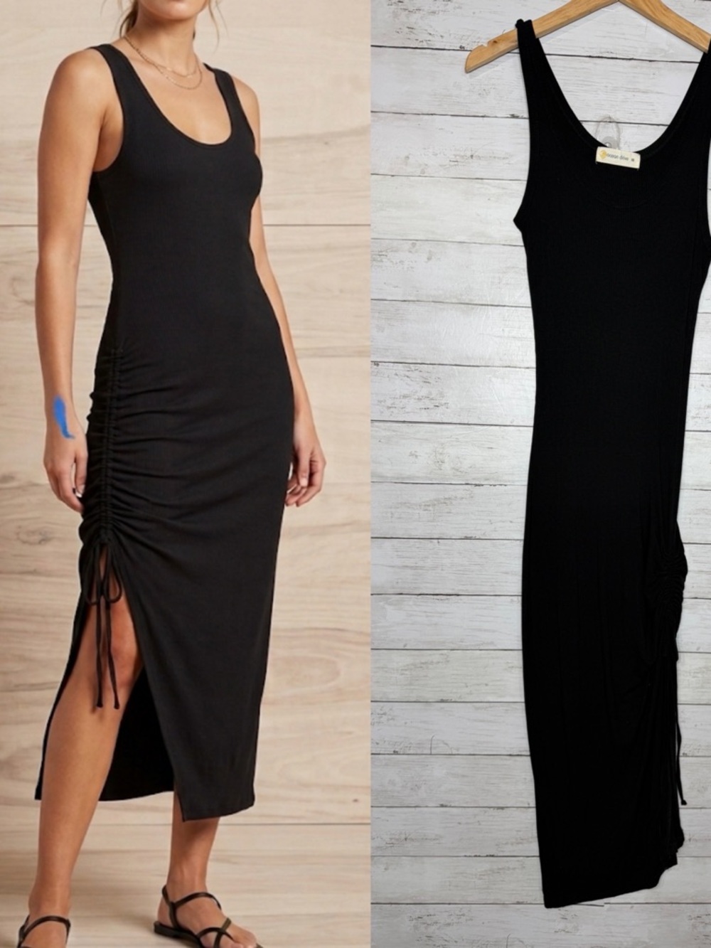 Ocean Drive Black Ribbed Ruched Side Leg Slit Maxi Dress Beach Casual Size Med